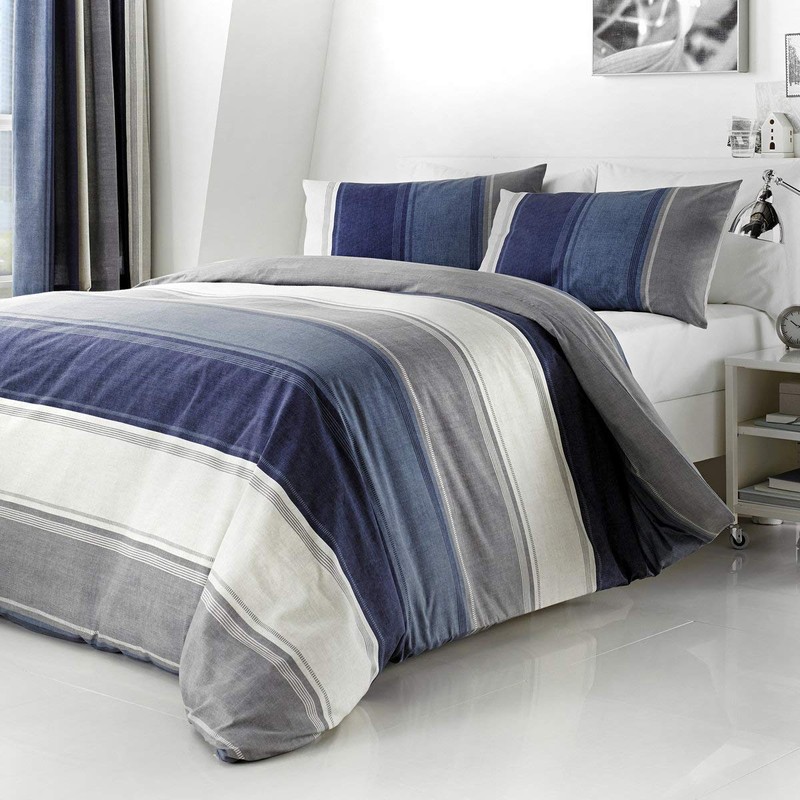 Fusion Betley Classic Wide Stripe Duvet Cover Set, Polyester-Cotton, Blue,