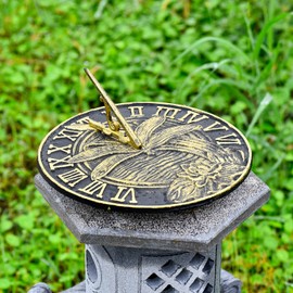 Sungmor Cast Iron Dragonfly Sundial, 10 Inch Dia Vintage Sun Dial Dragonfly & Lotus Decor, Verdigris Finish with Gold Highlights, Outdoor Decorative Clock, Pretty Garden Patio Ornament