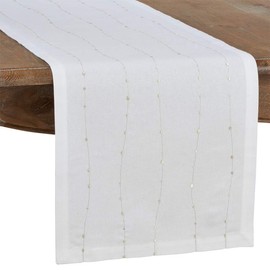 Fennco Styles Embroidered Metallic Stripe Design 100% Cotton Table Runner 16 x 90 Inch - White Table Cover for Everyday Use, Dining Room Décor, Wedding, Special Events and Holiday