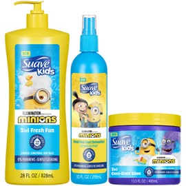 Suave Kids Minions Hair Products Bundle – 3-in-1 Coco-Craze Slime & Fun Fresh Shampoo, Conditioner & Body Wash + Detangler Spray, 28 Oz Ea (3 Piece Set)