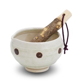 Traditional Japanese Mini Sesame Seed Grinder with Pestle - Mino Takada-yaki Ceramic - Deep Amber - Ideal for Dressings and Sauces (Candy Polka Dot White)