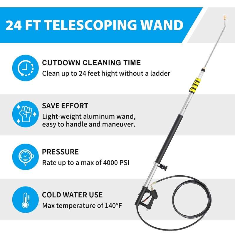 ExtraFein 24 FT Telescoping Pressure Washer Wand Extension, Aluminum Power