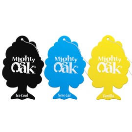 Mighty Oak Air Freshener Triple Pack – Ice Cool, New Car, Vanilla Fragrance - Long Lasting Hanging Car Deodoriser – Odour Eliminator Air Freshener – Auto Accessories – Made in UK - 3 Pack