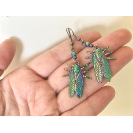 Enchanted Leaves - Cicada Earrings - Iridescent Rainbow Cicada Insect Charm Earrings - Woman's Cottagecore Titanium Forest Bug Jewelry - Cute Gift for Nature Lovers