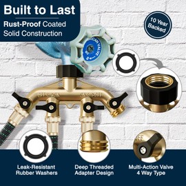 DBR Tech® Garden Hose Splitter 4 Way | Heavy Duty Leak-Proof Brass Water Divider with 4 Shut-Off Valves, Leak-Proof Y (Wye) Connector for Outdoor Faucets, Spigots, Lawn & RV | Industrial-Grade