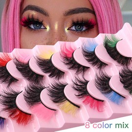 Uranian Colored False Eyelashes Fluffy Faux Mink Lashes with 8 Color Mixed 8D Russian Strip Long Eye Lashes Colorful Extension EyeLashes Volume Fake Eyelashes for Women and Girls (8 Pairs)