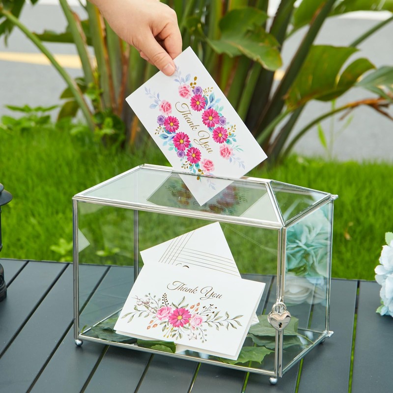 WHSLILR 12.6" Glass Card Box Wedding Card Box with Lock