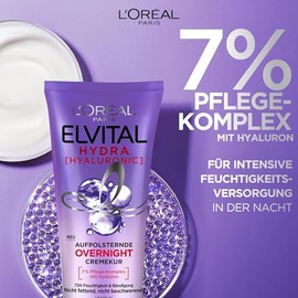L'Oréal Paris Elvital Hydra Hyaluronic Moisturising Hair Mask for Shiny Hair, Leave In for Moisture Boost & Protection Overnight, Long-Lasting Moisture and Care, 200 ml