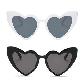 WanderGo Heart Sunglasses, 2 Pcs Heart Shaped Sunglasses Womens UV400 Protection, Retro Heart Glasses for Driving/Party/Outdoor Activities(White+Black)