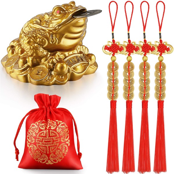 Chuangdi Feng Shui Money Frog Chinese Coins Three Legged Toad with Coin, 4 Pieces Lucky Knot Coins Tassel Hanging, Red Blessing Bag for Attracting Wealth Success
