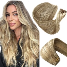 Blonde Highlights Sew in Hair Extensions Real Human Hair Weft, Genius Weft Hair Extensions Human Hair Color #18/60 Ash Blonde to Platinum Blonde Highlights Hair Wefts Human Hair Sew in Extensions 14”
