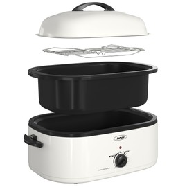 Sunvivi 20-Quart Roaster Oven with Self-Basting Lid, Electric Turkey Roaster Oven with Removable Pan and Rack, Stainless Steel, White