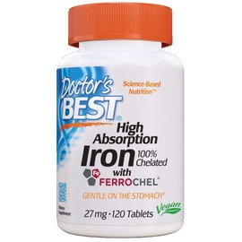 Doctor's Best High Absorption Iron with Ferrochel, Gentle on The Stomach, Immune Health, Blood Health, 27 mg