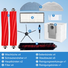 Zubehör für Roborock S7 Maxv Ultra - Ersatzteile für S7 Pro Ultra, mit 2 Hauptbürste & 1 Selbstreinigende Bürste & 6 Staubbeutel & 4 Wischtücher & 4 Filter & 4 Seitenbürsten & 1Weiße Reinigungsbürste