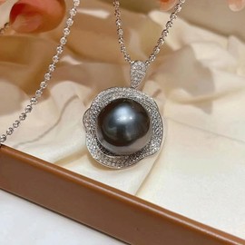 16mm Tahitian Black Pearl Necklace, AAA Quality Handpicked Nature Tahitian Black Pearls, Freshwater Dadixi Black Pearl Pearl Pearl Full Diamond Flower Pendant Necklace 925 Silver 18-Inch Chain