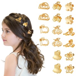 Ouligay 16 Pack Metal Small Hair Claw Clips Gold Mini Hair Clips for Women Fine Thin Hair Cute Tiny Flower Heart Bow Crown Shape Nonslip Hair Clips Girls