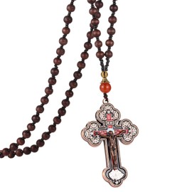 COTTVOTT Wood Rosary Beads Cross Necklace Men Prayer Orthodox Crucifix Jesus Pendant Necklace (Bronze Color)