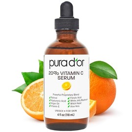Sérum de Vitamina C anti-edad Pura D'or 20%, fuerza profesional, terapia aceite de argán orgánico, ácido hialurónico y vitamina E, 4 onzas líquidas