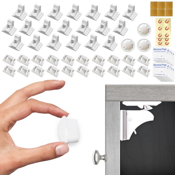 Eco-Baby Cupboard Locks for Children- Pack of 20 Magnetic, Child Safety Lock Latches with 3 Keys for Kitchen Cupboards and Drawers - Baby Safety Products - White