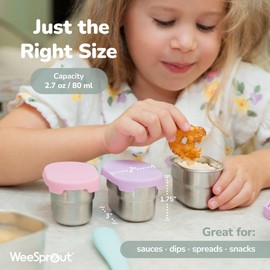 WeeSprout - Recipientes de acero inoxidable con tapas de silicona a prueba de fugas, paquete de 3 unidades, tazas reutilizables para aperitivos y salsa, sin BPA, aptas para lavaplatos y congelador
