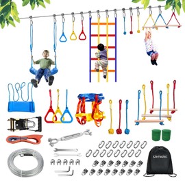 SZHTMZXC Ninja Warrior Obstacle Course for Kids Backyard Outdoor, 55ft Stainless Steel Main Cable, No Sagging, No Fraying, Weatherproof, 11 Pcs Training Accessories, Monkey Bar, Climbing Net, Swing