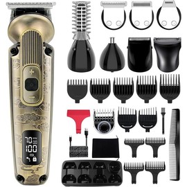 HATTEKER 8 in 1 Hatteker Eletric Hair Clippers Set for Men's Gift,Professional Barber Kit, Adjustable Speed Waterproof T-Blade Trimmer Cordless Grooming Kit with Face Nose Body - Color: bronze