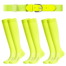 Haysandy Baseball or Softball Sock and Belt Combo Set 3 Football Baseball Socks with Softball Belt for Kids Youth Adult(X-Large,Neon Yellow)