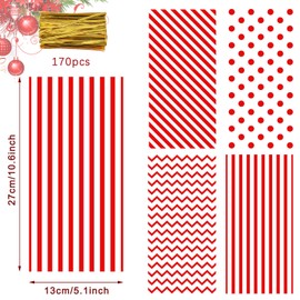 Whaline Christmas Cellophane Treat Bags Red Stripe Wave Dot Candy Plastic Goodie Bags Xmas Cookie Snack Packing Decor with Twist Ties for Christmas Valentine Birthday Party Favor, 5.1 x 10.6 In