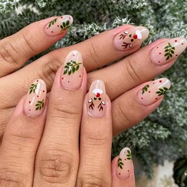 Christmas Press on Nails Short Almond Fake Nails Pink Full Cover Elk Holly False Nails with Designs Glossy Glue on Nails Cute Acrylic Nails Manicure Artificial Nails for Women Girls 24Pcs