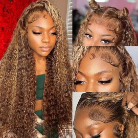 ZZMDS 34 Inch 13x6 Deep Wave Lace Front Wigs Human Hair Pre Plucked #4/27 Highlight Ombre Colored Glueless Wigs Water Wave Honey Blonde Lace Frontal Wigs Human Hair for Women with Baby Hair