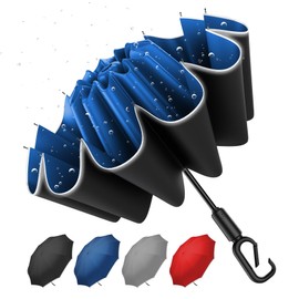 Copulan 46 Inch Auto Open Close Reverse Umbrella - Windproof 10-Rib UV Protection, Carabiner Handle & Reflective Strips for Car Travel (Blue)​​