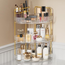 EUHOME 3-Tier Corner Bathroom Counter Organizer Makeup Cosmetic Storage, Tool-Free Installation Acrylic Vanity Shelf, Countertop Storage Organizers Perfume Tray for Bathroom, Dresser, Kitchen (Clear)