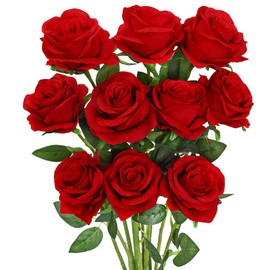 Luyue - Paquete de 10 rosas artificiales de seda roja con tallo de flores, ramo de flores para decoración del hogar (rojo)