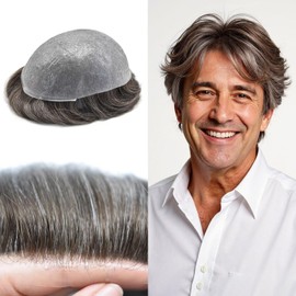 FNY HAIR Toupee for Men Super Thin Skin Mens Toupee Real Human Hair Systems Skin PU Mens Hairpiece Black Brown Blonde Gray Hair #330 3# DARK BROWN WITH 30% SYNTHETIC GREY 8X10-90% Light Density