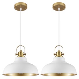 White and Gold Pendant Light, 11.41 Inch Dome Pendant Lights, Industrial Pendant Light Kitchen Island, Farmhouse Pendant Lights 2 Packs, Island Pendant Lights for Kitchen, Dining Room, Living Room