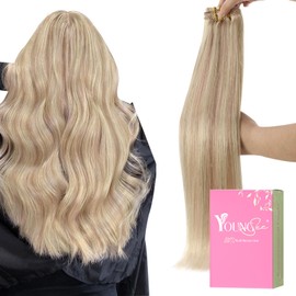 YoungSee #18/613 Clip-In Real-Hair Extensions, Blonde, 45 cm, Ash Blonde Strands, Remy Thick for Women 135 Grams