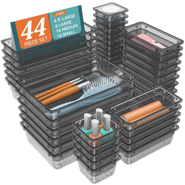 WOWBOX 44 PCS Clear Plastic Drawer Organizer Set, 4 Varied