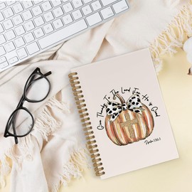 QLMX Coquette Pumpkin Christian Psalm 136:1 Spiral Notebook, Bible Bow Pumpkin Journal Notebook, Prayer Fall Notebooks for School Work, Thanksgiving Office Supplies Gifts for Women, 5.5x8.3