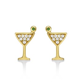 Diamond Treats Small Cocktail Glass Earrings in 925 Sterling Silver plated with 18K Yellow Gold, Simple Mini Cocktail Glass Stud Earrings for Women and Young Girls, Cute Gold Stud Earrings for Her