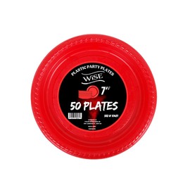 Wise Plastic Disposable Red Plates – Heavy Duty Tableware for Parties, Weddings, Catering, and Events – Premium Quality, Microwave Safe, Recyclable – 50 Pack (Red, 7")