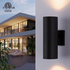 mirrea Modern Outdoor Porch Light Patio Light in 2 Lights Dusk to Dawn Photocell Sensor with Matte Black Aluminum Cylinder and Tempered Glass Cover Waterproof Wall Sconce
