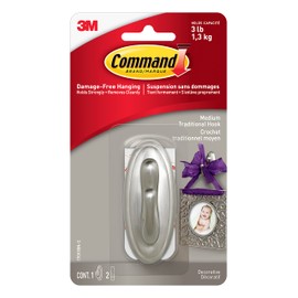 Command Traditional Decorative Hook, Medium, Brushed Nickel, 1 Hook 2 Medium Strips