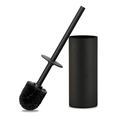 304 Stainless Steel Toilet Brush and Brush Holder Set, Circular Floor Toilet Brush Holder, Long Handle, Bathroom Heavy-Duty Cleaner, High-End Cylinder Wall (Black) YIGUANXIN