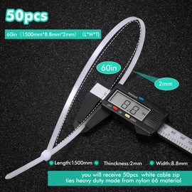 Shappy 50 Pcs Zip Ties Heavy Duty Strong Large Cable Wire Ties Zip Ties Industrial Sturdy Wire Ties, Awnings Tying Branches Bundling of Crops Fixed Water Pipes (White,60 Inch)