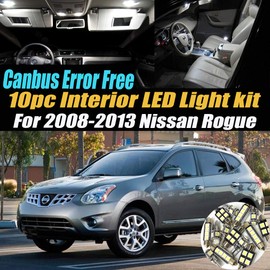 10Pc Canbus Error Free Super White 6000K Car Interior LED Light Kit Compatible for 2008-2013 Nissan Rogue Equipped w/Advanced Computer system