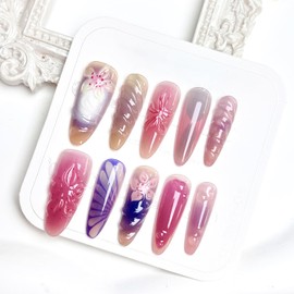 Handmade Press on Nails Long Almond Fake Nails with Glue,3D Lines Designs Pink False Nails Glitter Reusable Acrylic Nails Nature Glue on Nail for Wome (Size S)