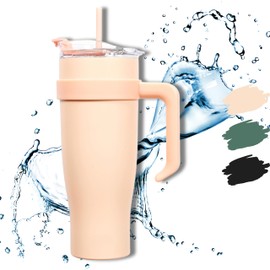 HAPPYCOSAS Insulated Tumbler with Straw and Handle - 1.2L Capacity - Fits Car Cup Holder - Double Wall Insulated Design - Leakproof Lid - Keeps Drink Cold & Hot (Pink).