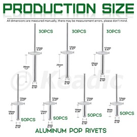 Keadic 7 Size 5/32" Aluminum Large Flange Blind Rivets Assortment Kit Includes 5/32"x 5/16”, 3/8", 1/2", 21/32", 25/32", 1", 1.18" Open End Domed Head Pop Rivets for Joining Metal Plate Pipe