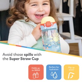 Nuby Super Straw Water Bottle - No Spill Active Toddler Sippy Cup | 360ml / 12oz | Carry Handle | Dishwasher Safe | Suitable Beaker for 12-18 Months Plus (Sunshine)