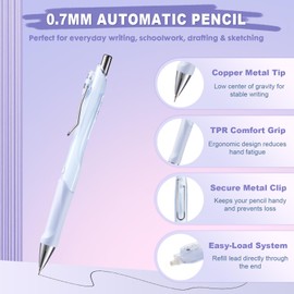 IPURTER 6-Pack 0.7mm Mechanical Pencils with Macaron Colors, Built-In Eraser, Copper Tip, Easy-Load Lead, Metal Clip, Soft Grip, for School, Office, Sketching, Drafting